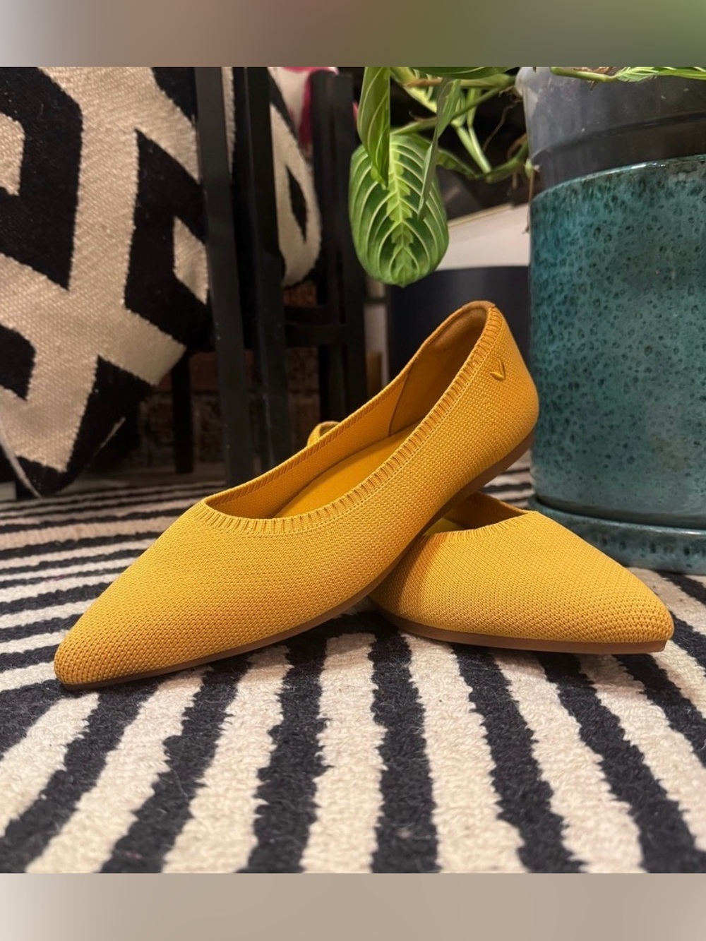 Women's Pointed Knit Flats in Mustard Yellow